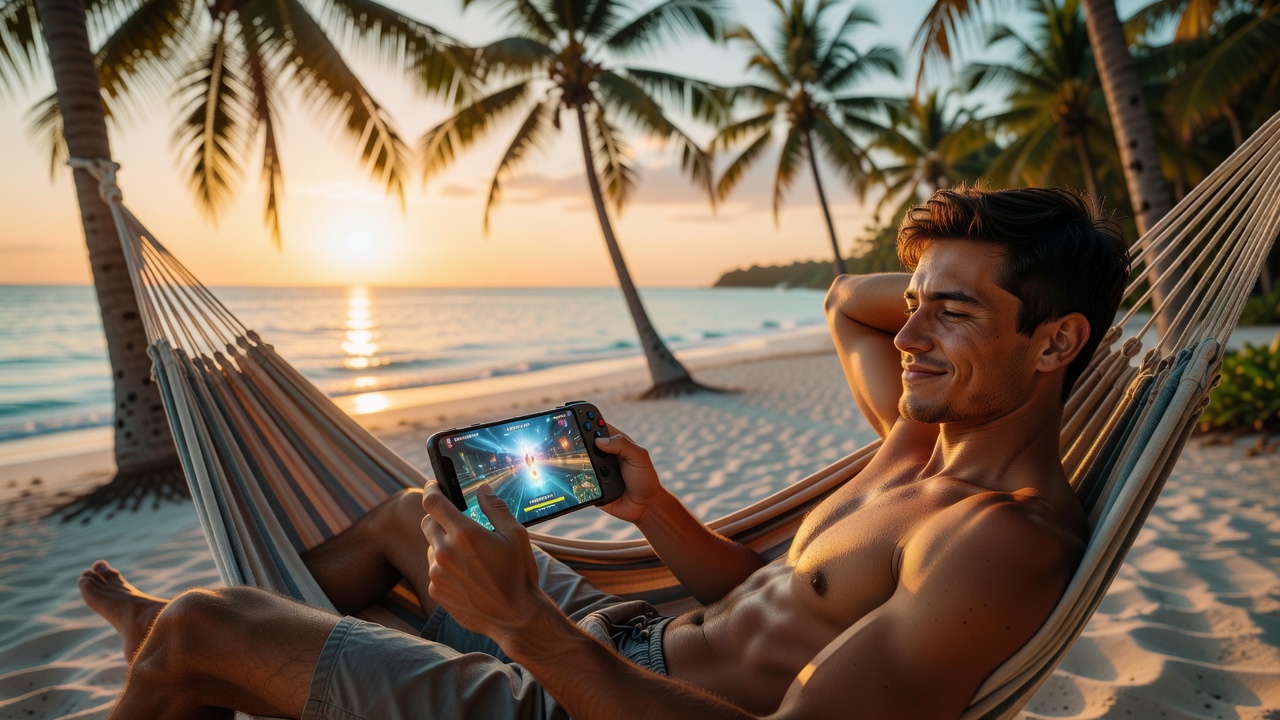 Competitive mobile gamer in hammock with accessories
