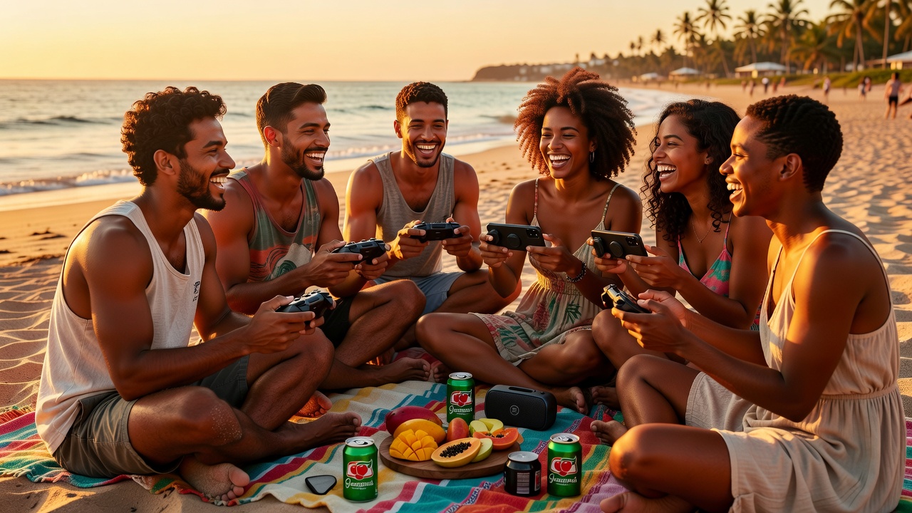 Friends gaming together at a beach picnic — community and passion