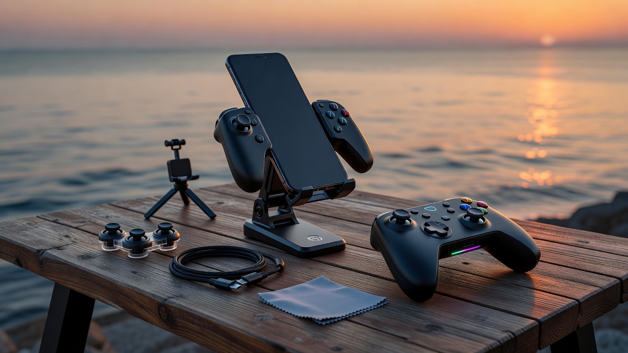 Complete mobile gaming setup on table with all accessories