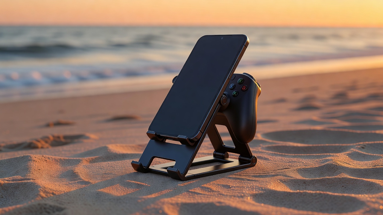 Smartphone stand gaming setup on desk