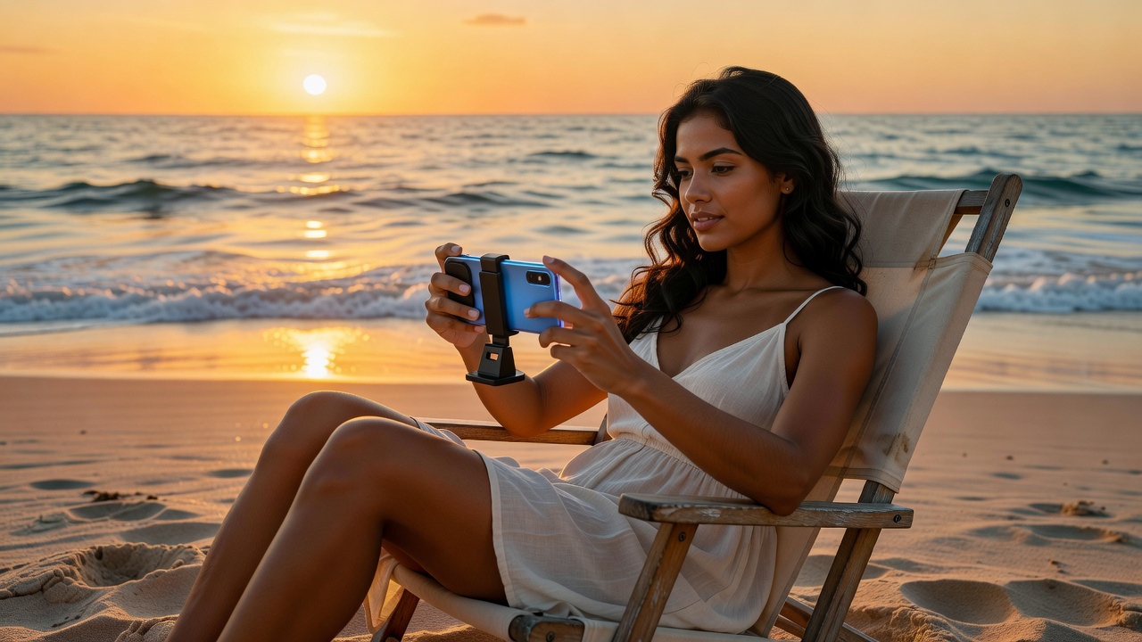 Woman gaming on beach chair with mobile accessories